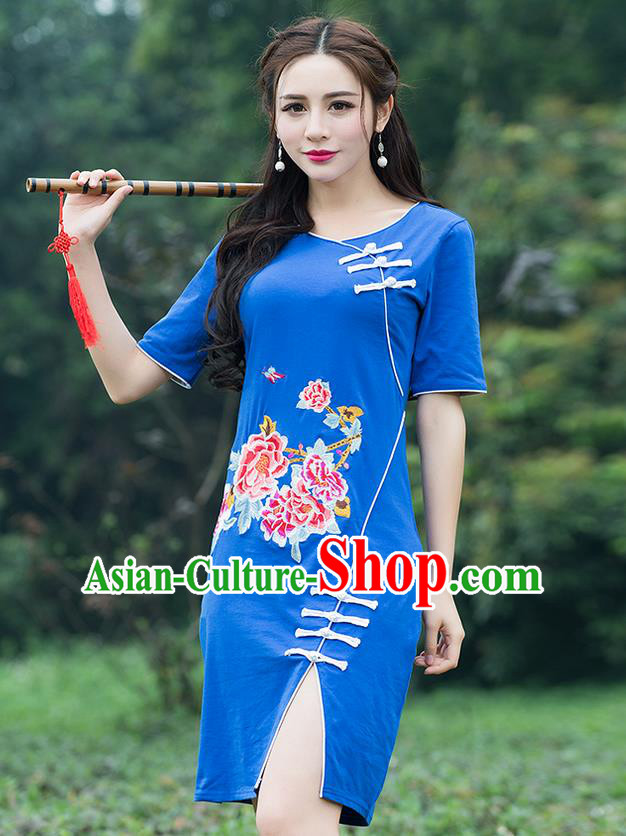 Traditional Ancient Chinese National Costume, Elegant Hanfu Mandarin Qipao Embroidered Blue Dress, China Tang Suit Chirpaur Republic of China Cheongsam Elegant Dress Clothing for Women