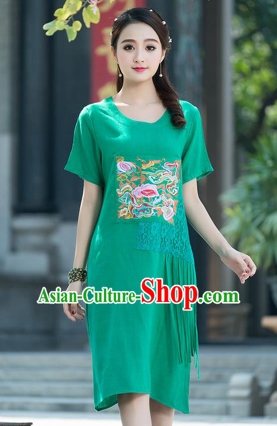 Traditional Ancient Chinese National Costume, Elegant Hanfu Mandarin Qipao Embroidered Lace Green Dress, China Tang Suit Chirpaur Republic of China Cheongsam Elegant Dress Clothing for Women