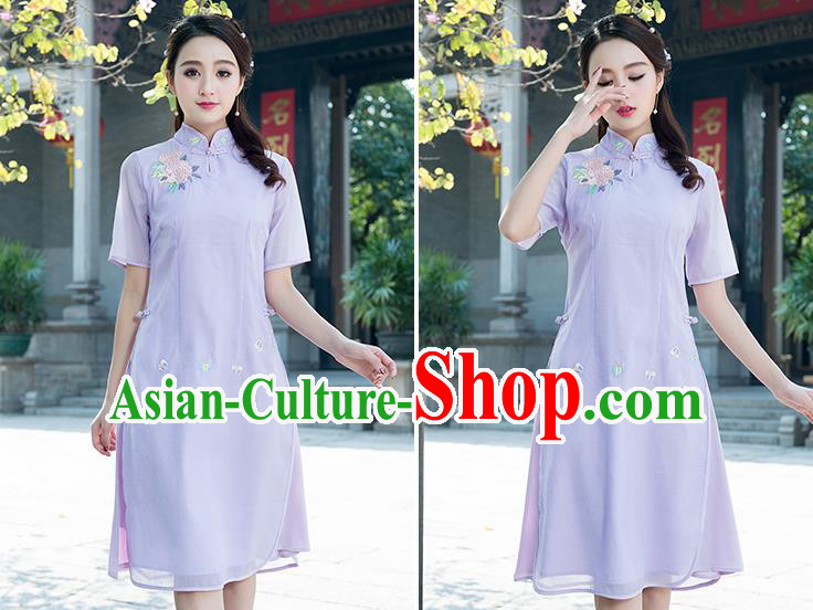 Traditional Ancient Chinese National Costume, Elegant Hanfu Mandarin Qipao Embroidered Organza Purple Dress, China Tang Suit Chirpaur Republic of China Cheongsam Elegant Dress Clothing for Women