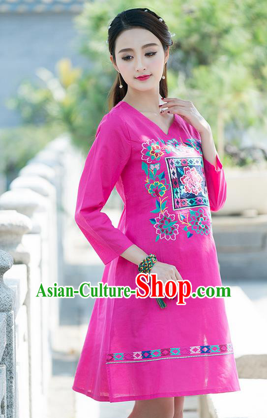 Traditional Ancient Chinese National Costume, Elegant Hanfu Mandarin Qipao Linen Embroidery Pink Dress, China Tang Suit Chirpaur Elegant Dress Clothing for Women