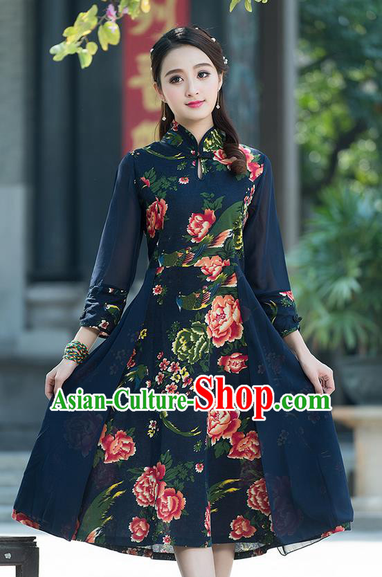 Traditional Ancient Chinese National Costume, Elegant Hanfu Mandarin Qipao Printing Peony Dress, China Tang Suit Chirpaur Elegant Dress Clothing for Women