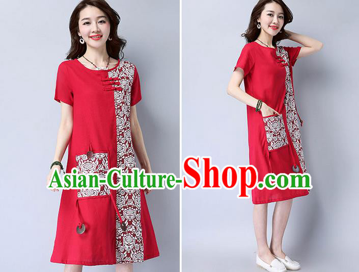 Traditional Ancient Chinese National Costume, Elegant Hanfu Mandarin Qipao Patch Printing Red Dress, China Tang Suit Plated Buttons Chirpaur Elegant Dress Clothing for Women
