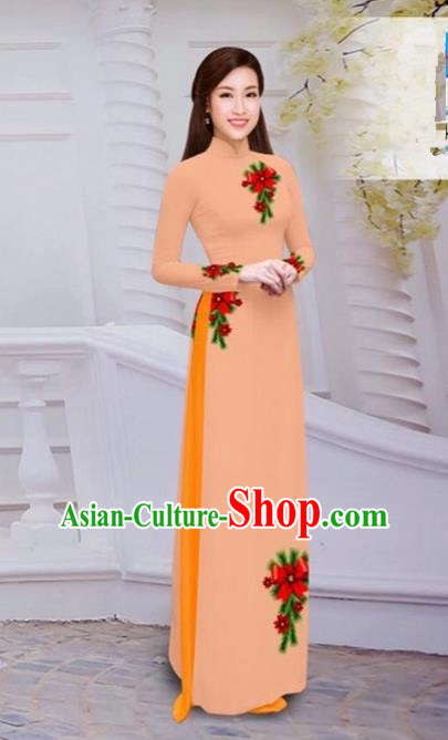 Top Grade Asian Vietnamese Traditional Dress, Vietnam Bride Ao Dai Hand Printing Flowers Dress, Vietnam Princess Orange Dress Cheongsam Clothing for Women