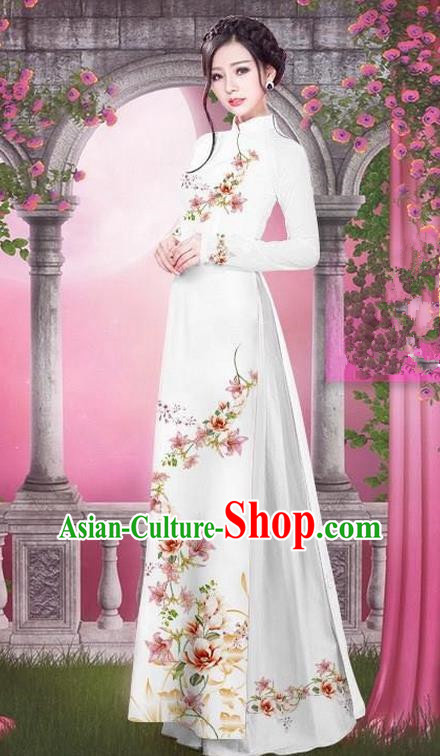 Top Grade Asian Vietnamese Traditional Dress, Vietnam Bride Ao Dai Printing Peach Blossom Flowers Dress, Vietnam Princess White Dress Cheongsam Clothing for Women