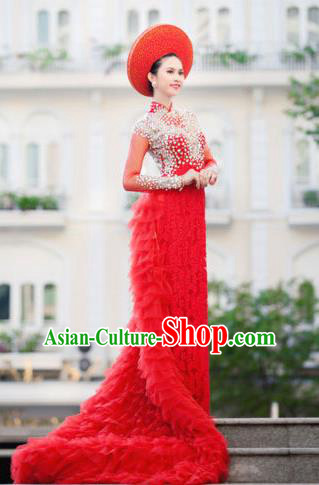 Top Grade Asian Vietnamese Traditional Dress, Vietnam Bride Ao Dai Dress, Vietnam Princess Wedding Veil Dress Red Cheongsam Clothing for Women