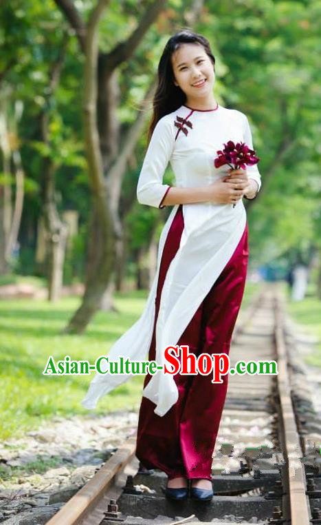 Top Grade Asian Vietnamese Traditional Dress, Vietnam Bride Ao Dai Dress, Vietnam Princess Wedding White Silk Dress and Loose Pants Cheongsam Clothing for Women