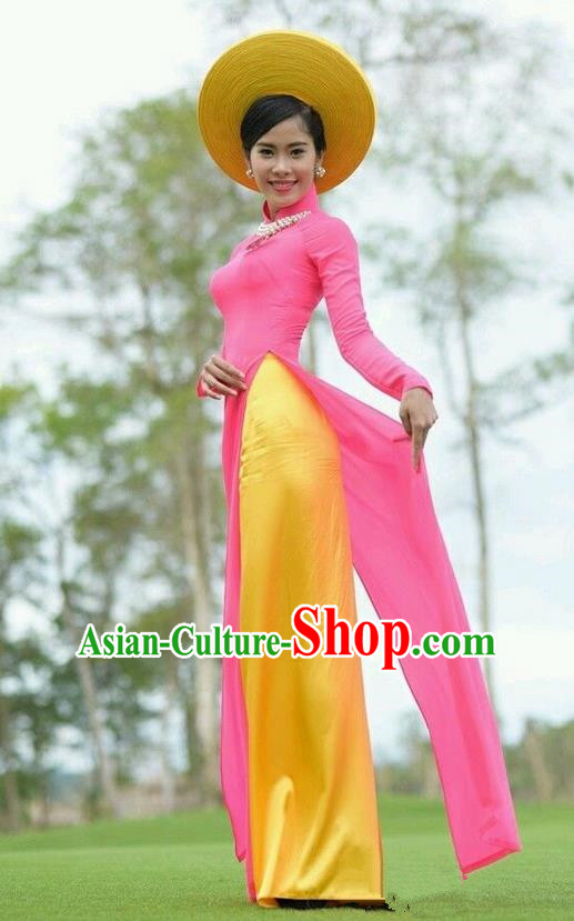 Top Grade Asian Vietnamese Traditional Dress, Vietnam Ao Dai Dress, Vietnam Princess Silk Pink Dress and Pants Hat Complete Set Cheongsam Clothing for Women
