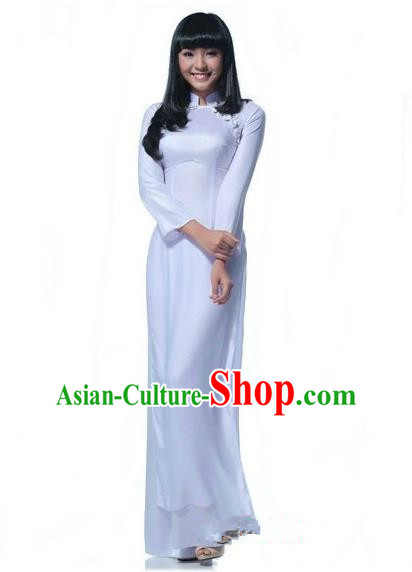 Top Grade Asian Vietnamese Traditional Dress, Vietnam National Young Lady Ao Dai Dress, Vietnam Bride White Cheongsam and Pants Wedding Clothing for Women