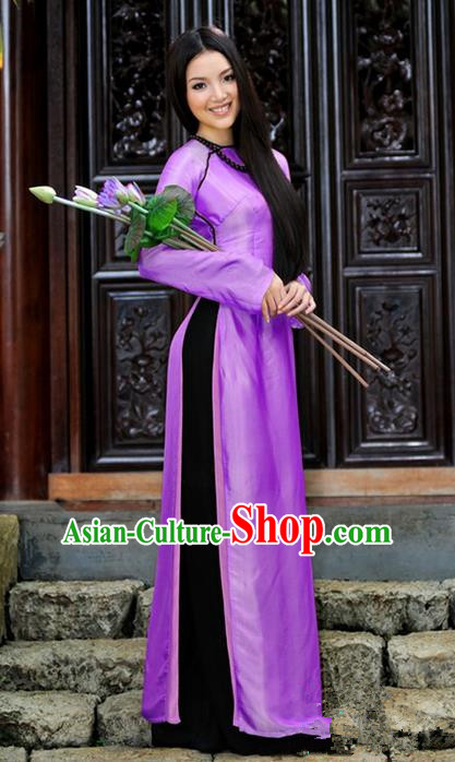 Top Grade Asian Vietnamese Traditional Dress, Vietnam National Young Lady Ao Dai Dress, Vietnam Bride Purple Cheongsam and Pants Complete Set for Women