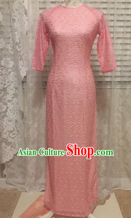 Top Grade Asian Vietnamese Traditional Dress, Vietnam National Young Lady Ao Dai Dress, Vietnam Lady Pink Lace Cheongsam for Women