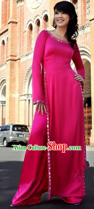 Top Grade Asian Vietnamese Traditional Dress, Vietnam National Princess Young Lady Ao Dai Dress, Vietnam Lady Rose Cheongsam and Pants Complete Set for Women