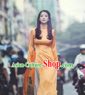 Top Grade Asian Vietnamese Traditional Dress, Vietnam National Female Ao Dai Dress, Vietnam Princess Orange Silk Cheongsam Wedding Clothing for Women