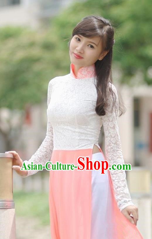 Top Grade Asian Vietnamese Traditional Dress, Vietnam National Young Lady Ao Dai Dress, Vietnam Princess Lace Cheongsam and Pants Complete Set for Women