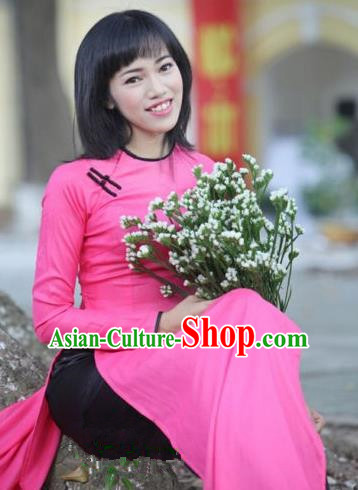 Top Grade Asian Vietnamese Traditional Dress, Vietnam National Dowager Ao Dai Dress, Vietnam Pink Ao Dai Cheongsam Dress and Pants for Woman