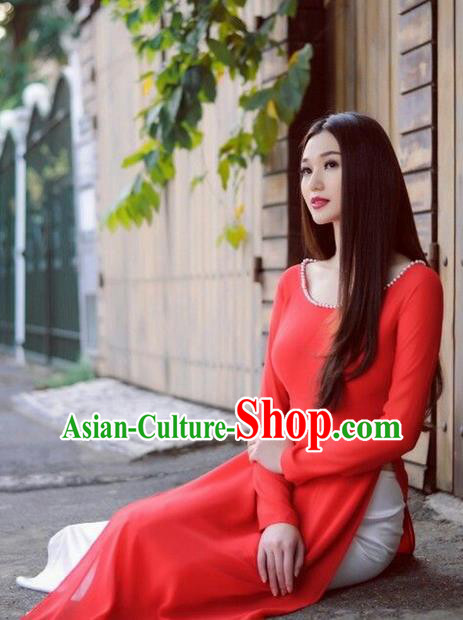 Top Grade Asian Vietnamese Traditional Dress, Vietnam National Farmwife Ao Dai Dress, Vietnam Red Ao Dai Cheongsam Dress for Woman