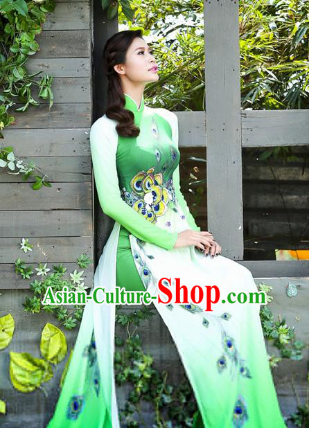 Top Grade Asian Vietnamese Traditional Dress, Vietnam National Princess Ao Dai Dress, Vietnam Green Printing Peacock Ao Dai Cheongsam Dress and Pants Clothing for Woman