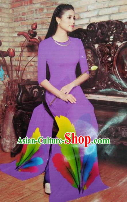 Top Grade Asian Vietnamese Traditional Dress, Vietnam National Queen Ao Dai Dress, Vietnam Palace Princess Purple Printing Ao Dai Cheongsam Dress Clothing for Woman