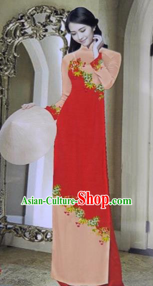 Traditional Top Grade Asian Vietnamese Dress, Vietnam National Female Ao Dai Dress Women Red Printing Cheongsam Clothing