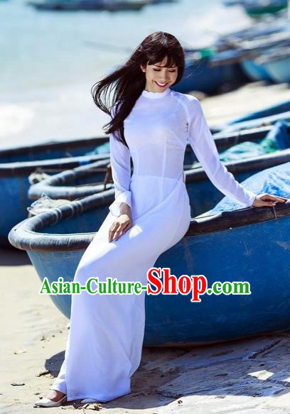 Traditional Top Grade Asian Vietnamese Dress, Vietnam National Female Ao Dai Dress Women White Cheongsam and Pants Clothing Complete Set
