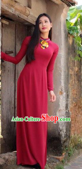 Traditional Top Grade Asian Vietnamese Dress, Vietnam National Female Ao Dai Dress Women Red Embroidered Suit Cheongsam Clothing