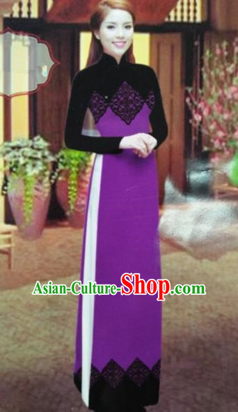 Traditional Top Grade Asian Vietnamese Dress, Vietnam National Female Ao Dai Dress Women Purple Printing Suit Cheongsam Clothing