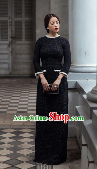 Traditional Top Grade Asian Vietnamese Dress, Vietnam National Female Ao Dai Dress Women Black Suit Cheongsam Clothing