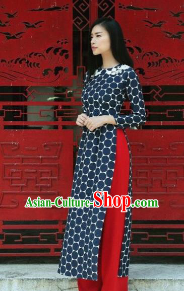 Traditional Top Grade Asian Vietnamese Dress, Vietnam National Female Ao Dai Dress Women Navy Ao Dai Cheongsam Clothing