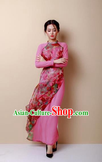 Traditional Top Grade Asian Vietnamese Dress, Vietnam National Female Handmade Ao Dai Dress Women Bride Pink Dress Ao Dai Cheongsam Clothing