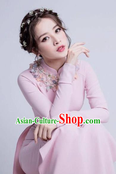 Traditional Top Grade Asian Vietnamese Dress, Vietnam National Female Handmade Ao Dai Dress Women Pink Full Dress Ao Dai Cheongsam Clothing