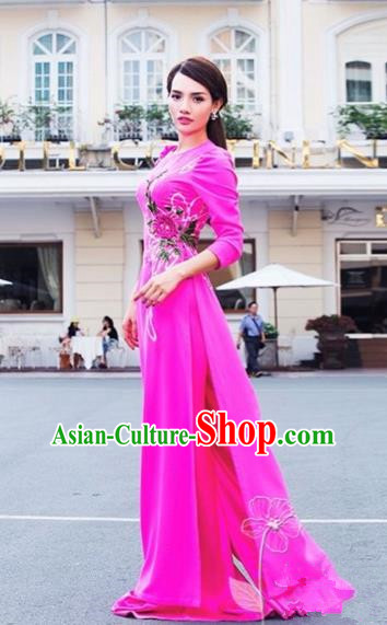 Traditional Top Grade Asian Vietnamese Dress, Vietnam National Female Handmade Ao Dai Dress Bride Wedding Embroidered Flowers Rose Cheongsam Clothing