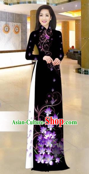 Traditional Top Grade Asian Vietnamese Costumes Dance Dress, Vietnam National Female Handmade Purple Printing Ao Dai Dress Cheongsam Clothing for Women