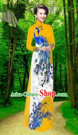 Traditional Top Grade Asian Vietnamese Costumes Dance Dress, Vietnam National Female Handmade Yellow Printing Peacock Ao Dai Dress Cheongsam Clothing for Women