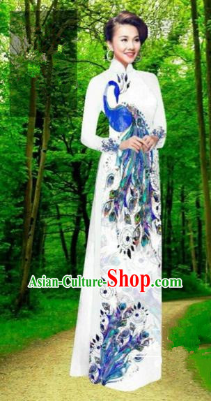 Traditional Top Grade Asian Vietnamese Costumes Dance Dress, Vietnam National Female Handmade White Printing Peacock Ao Dai Dress Cheongsam Clothing for Women