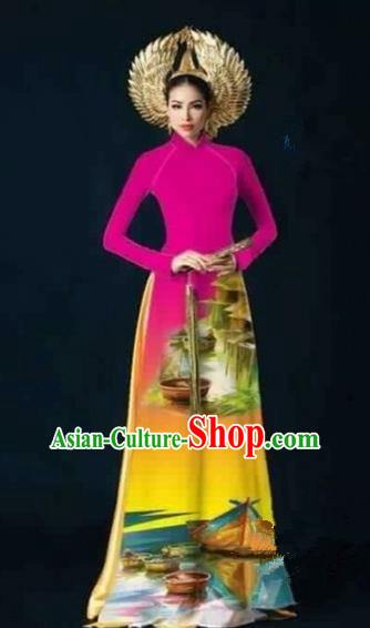 Traditional Top Grade Asian Vietnamese Costumes Dance Dress, Vietnam National Female Handmade Printing Rose Ao Dai Dress Cheongsam Clothing for Women