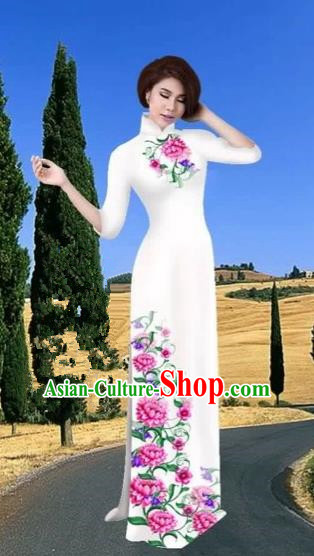 Traditional Top Grade Asian Vietnamese Costumes Dance Dress, Vietnam National Female Handmade Printing Flowers White Ao Dai Dress Cheongsam Clothing for Women