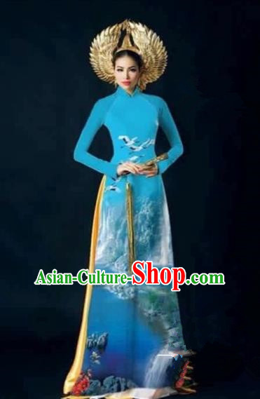 Traditional Top Grade Asian Vietnamese Costumes Dance Dress, Vietnam National Female Handmade Printing Flowers Blue Ao Dai Dress Cheongsam Clothing for Women