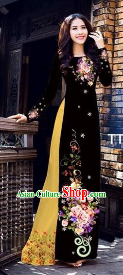 Traditional Top Grade Asian Vietnamese Costumes Dance Dress, Vietnam National Female Handmade Black Ao Dai Dress Cheongsam Clothing for Women