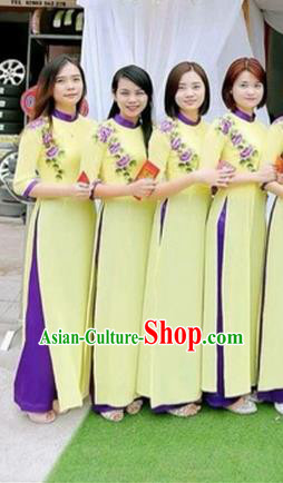 Traditional Top Grade Asian Vietnamese Costumes Dance Dress, Vietnam National Female Handmade Wedding Green Bridesmaid Ao Dai Dress Cheongsam Clothing for Women