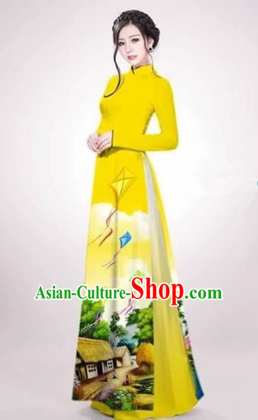 Traditional Top Grade Asian Vietnamese Costumes Dance Dress, Vietnam National Female Handmade Queen Printing Yellow Ao Dai Dress Cheongsam Clothing for Women