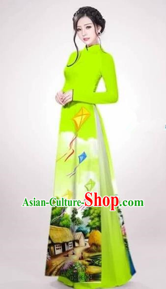 Traditional Top Grade Asian Vietnamese Costumes Dance Dress, Vietnam National Female Handmade Queen Printing Green Ao Dai Dress Cheongsam Clothing for Women