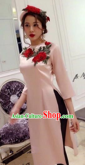 Traditional Top Grade Asian Vietnamese Costumes Dance Dress, Vietnam National Ao Dai Dress Embroidered Rose Cheongsam Clothing for Women