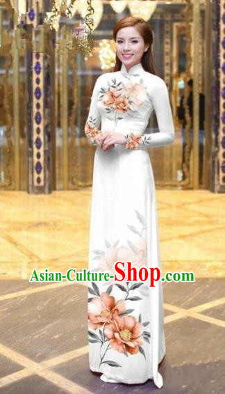 Traditional Top Grade Asian Vietnamese Costumes Dance Dress, Vietnam National Female Handmade Printing Orange Flowers Ao Dai Dress Cheongsam Clothing for Women