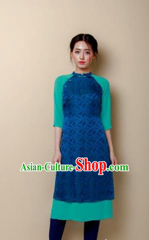 Traditional Top Grade Asian Vietnamese Costumes Dance Dress, Vietnam National Women Ao Dai Dress Peacock Blue Cheongsam Clothing