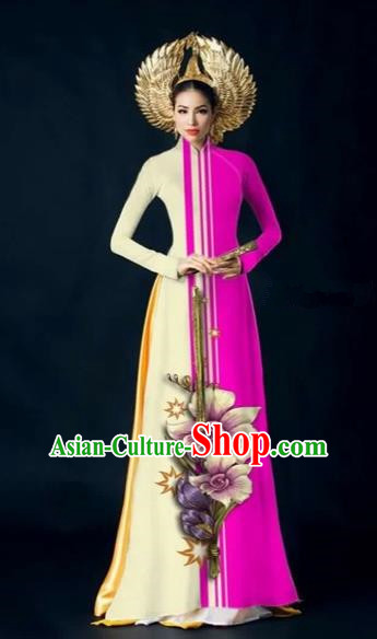 Traditional Top Grade Asian Vietnamese Costumes Dance Dress and Pants Complete Set, Vietnam National Women Ao Dai Dress Flowers Painting Rose Cheongsam Clothing