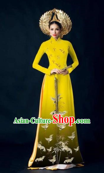 Traditional Top Grade Asian Vietnamese Costumes Dance Dress and Pants Complete Set, Vietnam National Women Ao Dai Dress Crane Painting Yellow Cheongsam Clothing