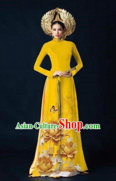 Traditional Top Grade Asian Vietnamese Costumes Dance Dress, Vietnam National Women Ao Dai Dress Printing Peony Flowers Yellow Cheongsam Clothing