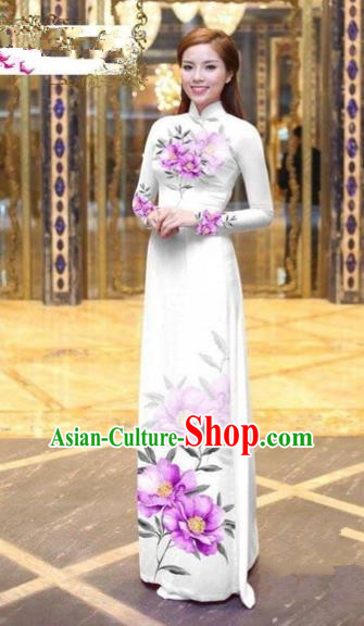 Traditional Top Grade Asian Vietnamese Costumes Dance Dress, Vietnam National Female Handmade Printing Pink Flowers Ao Dai Dress Cheongsam Clothing for Women