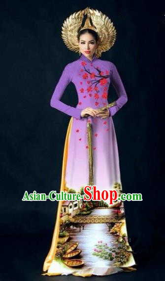 Traditional Top Grade Asian Vietnamese Costumes Dance Dress, Vietnam National Women Ao Dai Dress Printing Plum Blossom Purple Cheongsam Clothing