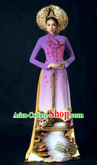 Traditional Top Grade Asian Vietnamese Costumes Dance Dress, Vietnam National Women Ao Dai Dress Printing Plum Blossom Purple Cheongsam Clothing