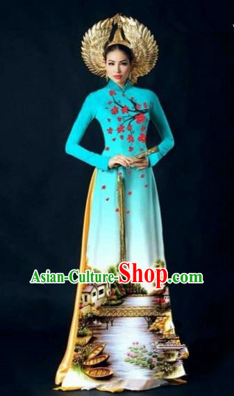 Traditional Top Grade Asian Vietnamese Costumes Dance Dress, Vietnam National Women Ao Dai Dress Printing Plum Blossom Blue Cheongsam Clothing